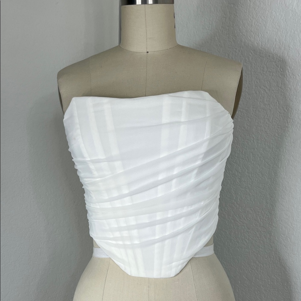Strapless White Tulle Ruched Bustier Corset Top Drop Front